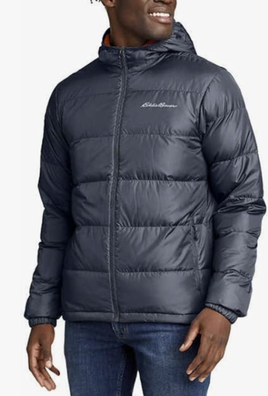 Eddie Bauer Men's XL Storm Gray Hooded Zip Up Down Puffer Jacket Gorpcore HR12-7
